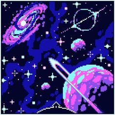 an old school pixel art space scene with planets and stars in the night sky,