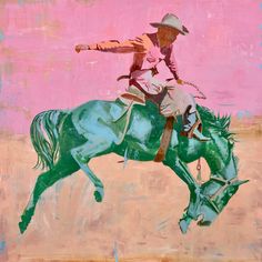 a painting of a man riding a horse with a lasso on his back and pink sky in the background