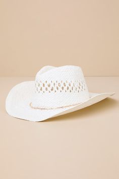 Giddy up and head to the shore with an on-trend look like the Lulus Cutest Cowgirl White Woven Western Hat! Woven straw shapes this cute beach-ready hat that is boasting with coastal western vibes with its curved brim and teardrop-shaped crown with a classic dipped effect and pierced details. An irridescent rhinestone-embellished band lends an eye-catching finish to this must-have accessory. 3. 25" Soft Brim. 22. 25" Interior Circumference With An Internal Drawstring. Crown Measures 4. 25" Tall. Girls Cowgirl Hat, White Cowgirl Hat, Coastal Western, Rodeo Bachelorette, White Cowboy Hat, Retro Cowgirl, Cowgirl Accessories, Western Vibes, Cowgirl Aesthetic