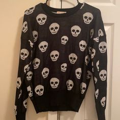 Black & White Skull Sweater. Never Worn But Tags Fell Off, Size M Alternative Black Halloween Sweater, Black Emo Halloween Sweater, Alternative Style Black Halloween Sweater, Black Long Sleeve Sweater With Skull Print, Trendy Skull Shaped Tops For Fall, Trendy Black Halloween Sweater, Casual Black Halloween Sweater, Casual Black Sweater For Halloween, Casual Skull Print Tops For Winter