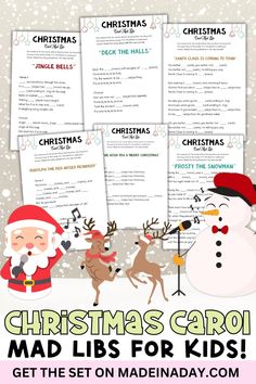 christmas carol mad libs for kids with santa claus and reindeers in the background