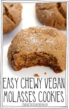 easy chewy vegan molasses cookies on a white plate with text overlay