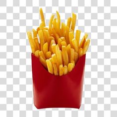 french fries in a red container on a transparent background