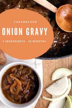 onion gravy in a skillet with onions and sliced onions on the side