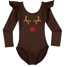 a brown bodysuit with gold glitter reindeer's head on the chest and red nose