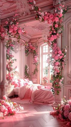 a bedroom with pink flowers on the ceiling and bed in the center, along with chandelier