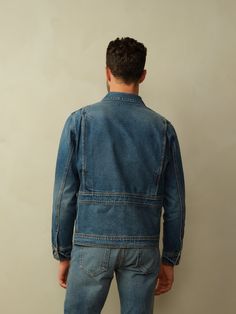 Fit: Model is wearing size M. Fits true to size. Material: 12oz Japanese Denim. 100% BCI Cotton. Eco Brass Buttons. Eco-Wash, using 70% less water. Care: Machine wash cold with like color. Tumble dry low. Do not bleach. Cool ironing. Origin: Made in Los Angeles, CA Japanese Denim Jacket, Brass Buttons, Japanese Denim, Mens Denim, Denim Jacket, Bleach, Angeles, Brass, Water