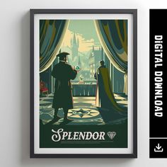 a poster is hanging on the wall next to a black framed frame that says splendor