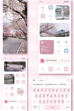 the pink and white iphone wallpapers are arranged in different positions, with cherry blossoms on