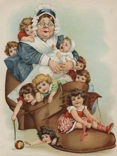 an old fashioned postcard shows a woman with many children on her feet and holding a baby