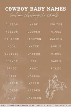 the cowboy baby names are shown on a brown background