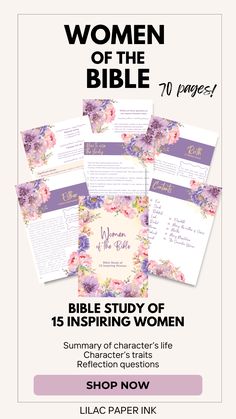 the women of the bible flyer is shown in purple and white with flowers on it