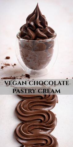 chocolate pastry cream in a glass bowl with text overlay that reads vegan chocolate pastry cream