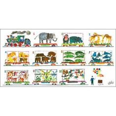 a cross stitch pattern with animals and train cars on it's sides, in various colors