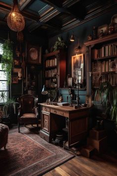 an old fashioned office with lots of books and plants