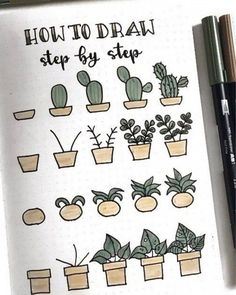 an open notebook with some plants on it and the words how to draw step by step written