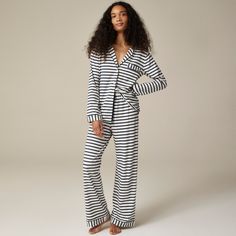 Long-sleeve pajama pant set in striped dreamy cotton blend Women’s Pajama Sets, Cotton Sleepwear With Vertical Stripes For Loungewear, Jcrew Pajama Set, Striped Pajama, Pinstripe Pajamas, Striped Christmas Pajamas, 100% Cotton Pajamas Women, Striped Spring Sleepwear For Bedtime, Suit Guide