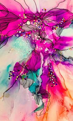 an abstract painting with pink and purple flowers on the bottom half of its body, surrounded by bubbles