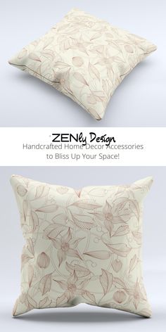 two pillows with different designs on them, one is white and the other is beige