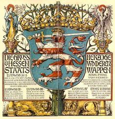 an illustration of a coat of arms with lions and crowns on the front, surrounded by other symbols