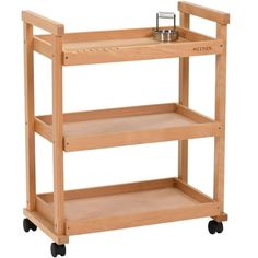 a wooden cart with two trays on wheels and one has a cup in it