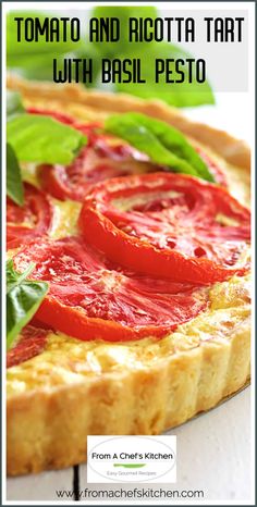 a tomato and ricotta tart with basil pesto is shown in this image