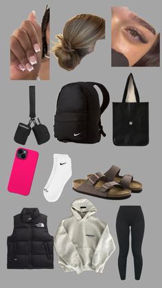 a collage of various items that include shoes, backpacks, and handbags