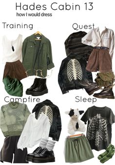 Hades Cabin Outfit, Green Athletic Outfit, Cabin 13 Aesthetic, Goblin Core Outfit, 13 Outfits, Goblincore Outfits, Cabin Outfit, Percy Jackson Outfits, I Love Green