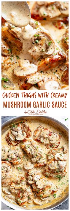 chicken thighs with creamy mushroom garlic sauce in a pan