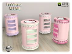 three pink hello kitty tables and stools on the floor