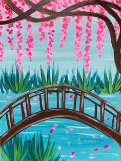 a painting of a bridge with pink flowers on it