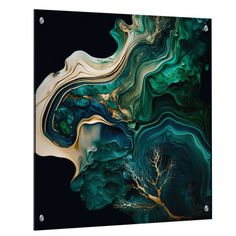 an abstract painting with green and gold colors on a black background canvas wall art print