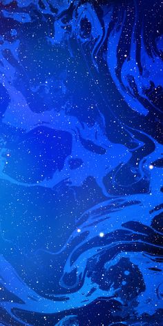 an abstract blue and black background with stars in the sky, water or liquid flowing down it's sides