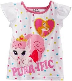 Our eBay Store About Us Contact Us Add to Favorite Sellers                                               ☆☆☆☆Disney Palace Pets☆☆☆☆ Aurora & Bloom Purr-ific T-Shirt Toddler Girls sizes: 2T-4T Toddler girls' t-shirt features Aurora and her pet cat, Bloom from Disney's Palace Pets.  Top has an allover polka dot print and flutter sleeves.  Machine washable.  Imported. Color: White Material: 100% Cotton Multicolor Disney T-shirt For Summer, Disney Cartoon Print Summer Tops, Disney Cartoon Print Tops For Summer, Pink Disney Tops For Summer, Disney Summer Tops With Cartoon Print, White Disney T-shirt For Spring, Disney Cartoon Print Summer T-shirt, Disney Character Print Tops For Playtime, Pink Disney Cotton Top