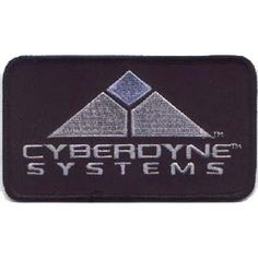 the logo for cyberdyne systems on a black and white patch with blue accents