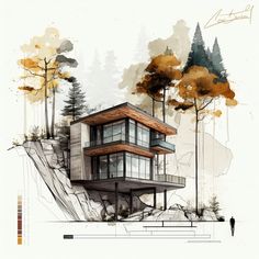 a drawing of a house on top of a mountain