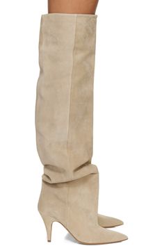 KHAITE: Beige 'The River' Knee High Boots | SSENSE Nude Tall Boots, Suede Beige Boots Outfit, Beige Suede Boots, Fall Footwear, Suede Knee High Boots, Fall Winter Shoes, Beige Boots, Boots Beige, Fancy Shoes