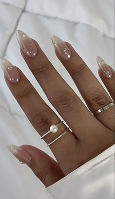 Almond Nails Wedding Classy, Pearl Almond Nails Designs, Nails Design With Pearls, Birthday Nails Pearls, Pearl Art Nails, Chrome French Tip Nails With Pearls, Wedding Nails With Pearls Brides, Prom Nail Inspo Elegant, Basic Baddie Nails Almond