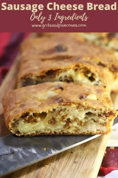 sausage cheese bread on a cutting board with a knife