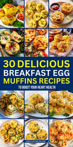 the cover of 30 delicious breakfast egg muffins recipes, with pictures of different types of muffins