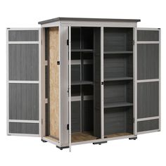 an open storage cabinet with shelves and doors on both sides, in front of a white background