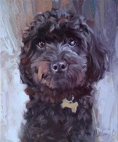 a painting of a black dog with brown eyes