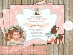 Winter Onederland Invitation Girl Woodland Animals Fox Deer Outdoor Birthday Party Decorations, Winter Onederland Invitations, Pirate Birthday Invitations, Outdoors Birthday Party, Girl Woodland, Girl Bday Party, Shark Birthday Party, Winter Onederland