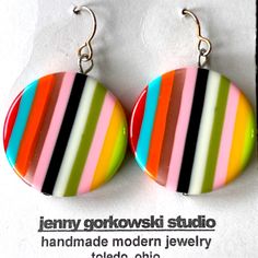 These Super Cute Acrylic Disc Earrings Are Stripped In A Variety Of Summer Fun Colors! Sterling Silver French Hooks. By Jenny Gorkowski. Length 1 3/4” Artsy Multicolor Jewelry With Matching Earrings, Colorful Handmade Modern Earrings, Artsy Pink Jewelry, Colorful Earrings As A Gift, Modern Handmade Rainbow Jewelry, Handmade Retro Multicolor Earrings, Retro Multicolor Drop Earrings, Retro Multicolor Jewelry With Matching Earrings, Artsy Nickel-free Pink Jewelry