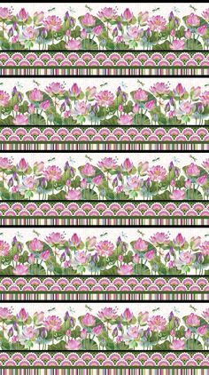 pink flowers and green leaves on a white background with horizontal stripes in the center, as well as an ornate border