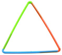 a triangle shaped object with two colored sticks in the shape of a triangle, on a white background