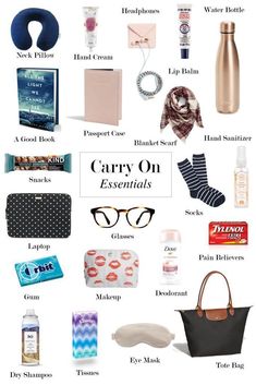 the contents of a carry on essentials bag are shown in this graphic above it's description