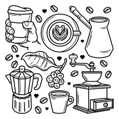 black and white drawing of coffee related items including cups, saucers, kettles