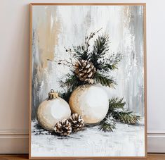 a painting of two white balls and pine cones