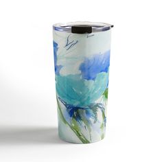 a blue and white flower painted on a stainless steel tumbler